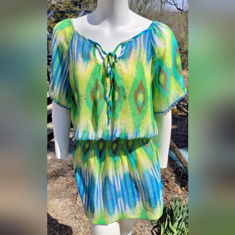 Glam Women's Dress Peacock Pattern W/Tie Front Closure & Elastic Waistband